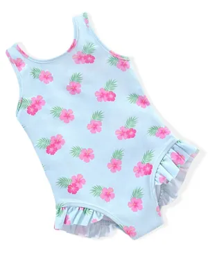 Babyhug Sleeveless Frill Design & Floral Print  V Cut Swimsuit - Blue