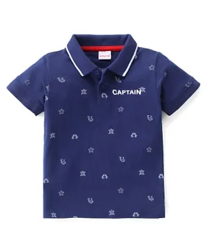 Babyhug 100% Cotton Knit Half Sleeves Polo T-Shirt Crab Print - Blue