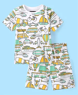 Pine Kids 100% Cotton Knit Single Jersey Night Suit/Co-ord Set With Vehicles Print - White