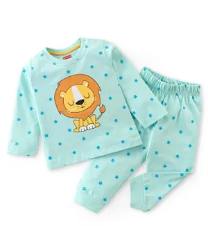 Babyhug Single Jersey Knit Half Sleeves Night Suit With Lion Print - Blue
