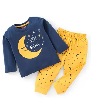 Babyhug Single Jersey Knit Full Sleeves Night Suit Moon Stars & Text Print - Yellow & Blue