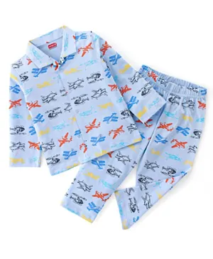 Babyhug Cotton Knit Full Sleeves Night Suit Air Plane Print- Blue