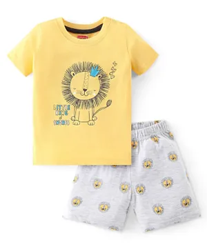 Babyhug Single Jersey Knit Half Sleeves Night Suit With Lion Print - Yellow & Grey