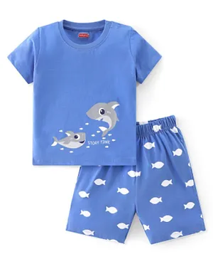 Babyhug Cotton Knit Half Sleeves Night Suit With Shark Print - Blue
