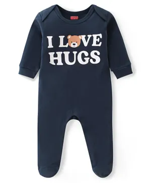 Babyhug Interlock Cotton Knit Full Sleeves Teddy Print Sleep Suit - Navy Blue