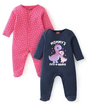 Babyhug Interlock Cotton Knit Full Sleeves Dino & Heart Print Sleepsuits Pack of 2 - Navy & Pink