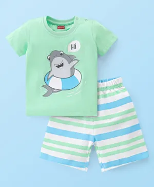 Babyhug Single Jersey Knit Half Sleeves Short Set Striped & Shark Print - Green