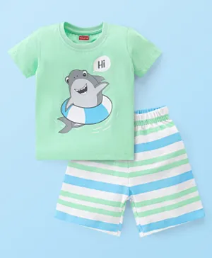 Babyhug Single Jersey Knit Half Sleeves Short Set Striped & Shark Print - Green