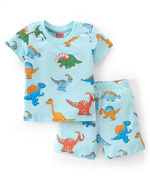 Babyhug Single Jersey Knit Half Sleeves Shorts/Co-ord Set Dino Print - Blue