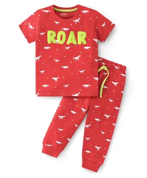 Babyhug Single Jersey Knit Half Sleeves Night Suit with Dino Print - Red