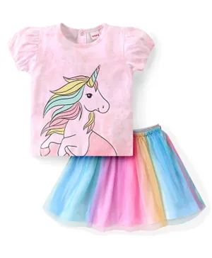 Babyhug Single Jersey Knit Half Sleeves Top & Skirt Set with Unicorn Print - Multicolor
