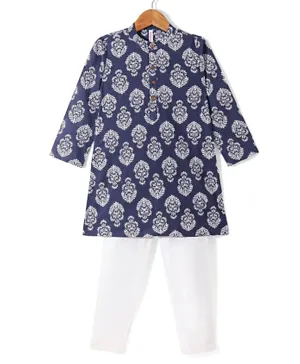 Babyhug 100% Cotton Woven Full Sleeves Floral Printed Kurta Pajama Set - Navy Blue