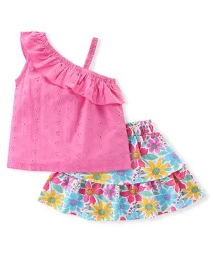 Babyhug 100% Cotton Knit Schiffili Sleeves Top & Skirt With Floral Print - Pink & Blue