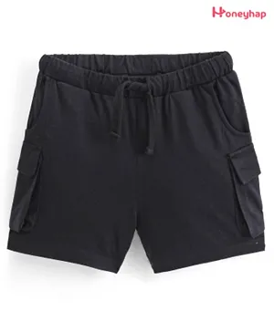 Honeyhap Premium 100% Cotton Knit Knee Length Solid Color Shorts With Bio Finish - Black