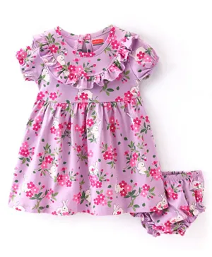 Babyhug Cotton Jersey Half Sleeves Floral Printed Frock With Bloomer - Lilac