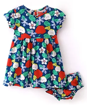 Babyhug 100% Cotton Jersey Knit Half Sleeves Frock With Bloomer Floral Print - Navy Blue