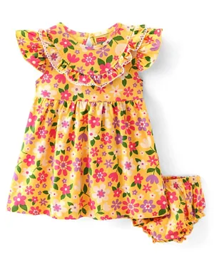 Babyhug 100% Cotton Jersey Knit Cap Sleeves Frock With Bloomer Floral Print - Yellow