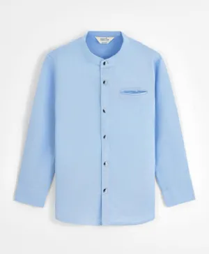 Bonfino 100% Cotton Woven Full Sleeves Solid Mandarin Collar Shirts -Blue