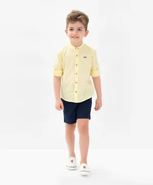 Bonfino Car Embroidered Cotton Shirt & Shorts Set - Yellow & Blue