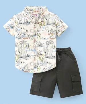 Babyhug 100% Cotton Woven Half Sleeves Shirt & Shorts With Animals Print - White & Green