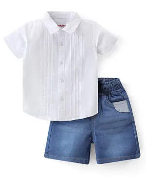 Babyhug Cotton Denim Half Sleeves Shirts & Shorts - White & Blue