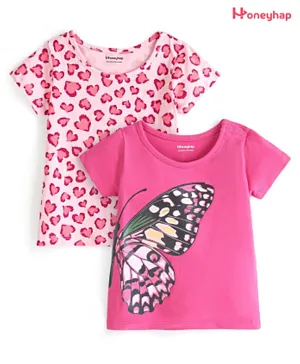 Honeyhap Premium 100% Cotton Single Jersey Half Sleeves Tops Butterfly Print Pack of 2 - Pink