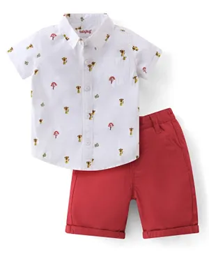 Babyhug 100% Cotton Woven Half Sleeves Shirt & Shorts Set Giraffe Print - White & Red