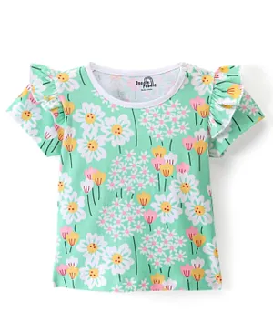 Doodle Poodle 100% Cotton Knit Half Sleeves T-Shirt with Frill Detailing Floral Print - Biscay Green