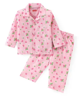 Babyhug Cotton Knit Full Sleeves Night Suit With Strawberry Print - Pink