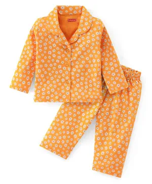Babyhug Cotton Knit Full Sleeves Night Suit With Floral Print - Yellow