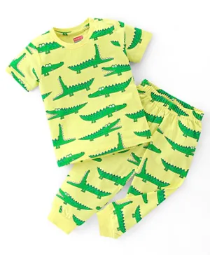 Babyhug Single Jersey Knit Half Sleeves Night Suit Crocodile Print - Yellow