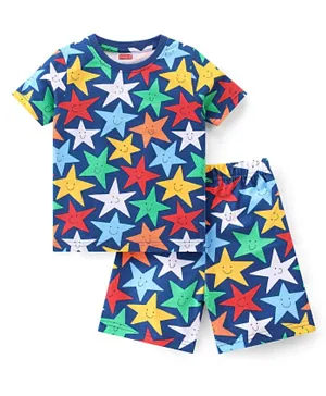 Babyhug Cotton Single Jersey Knit Half Sleeves Night Suit/Co-ord Set Star Print - Blue