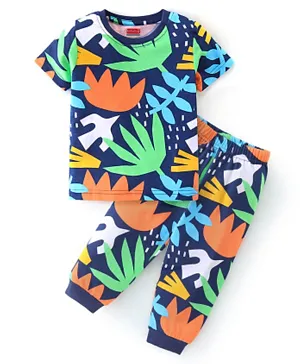 Babyhug Single Jersey Knit Half Sleeves Night Suit Leaf Print - Blue