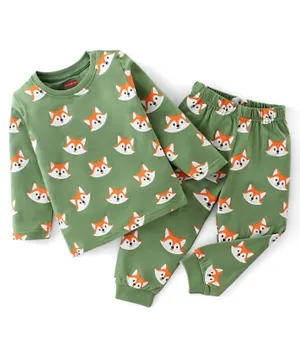 Babyhug Single Jersey Knit Full Sleeves Night Suit With Fox Print - Green