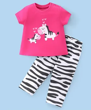 Babyhug Single Jersey Cotton Knit Half Sleeves Zebra Print Night Suit - Pink