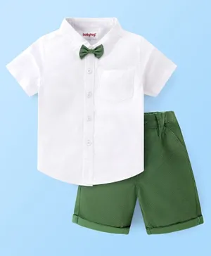 Babyhug Half Sleeves Solid Shirt with Bow and Shorts - White & Green