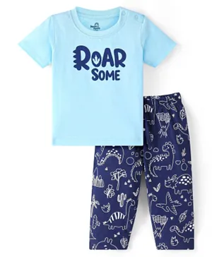 Doodle Poodle 100% Cotton Half Sleeves Night Suit With Dino Print -Spun Sugar Blue & Limoges Navy