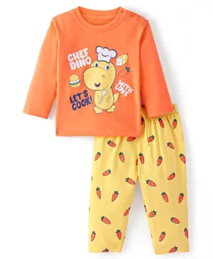 Doodle Poodle 100% Cotton Full Sleeves Night Suit With Dino Print - Orange & Yellow