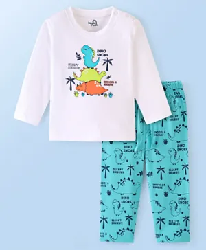 Doodle Poodle 100% Cotton Full Sleeves Dino Printed Night Suit -White & Blue