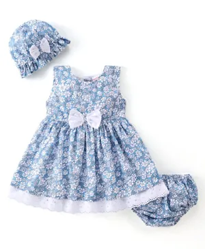 Babyhug 100% Viscose Bow Detail Floral All over Printed Frocks with Bloomer and Cap - Blue