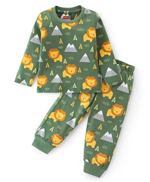 Babyhug Cotton  Knit Full Sleeves Night Suit With Lion Print - Green