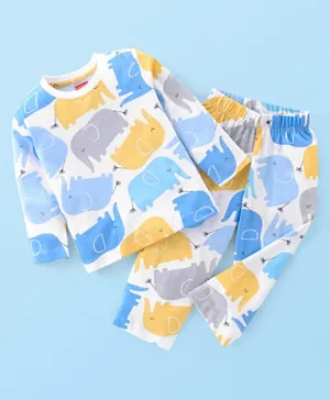 Babyhug Single Jersey Knit Full Sleeves Elephant Print Night Suit - Multicolor