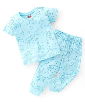 Babyhug Single Jersey Knit Half Sleeves Night Suit With Animals Print - Blue