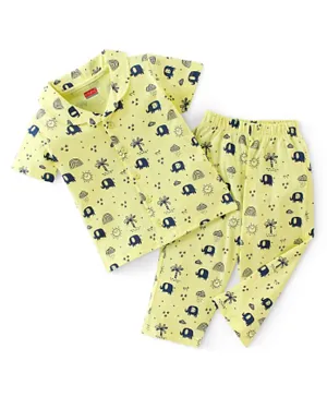 Babyhug Cotton Knit Half Sleeves Night Suit Elephant Print - Yellow
