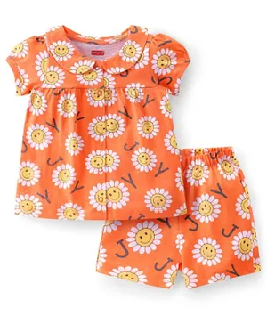 Babyhug Cotton Single Jersey Knit Half Sleeves Night Suit Floral Print - Orange