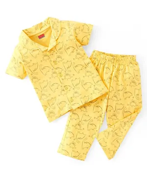 Babyhug Single Jersey Cotton Knit  Half Sleeves Night Suit Dino Print - Yellow