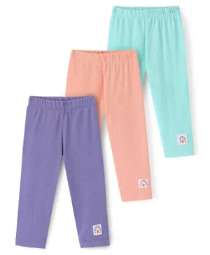 Bonfino 100% Cotton Knit Full Length Solid Color Leggings Pack Of 3 - Lavender Blue & Pink
