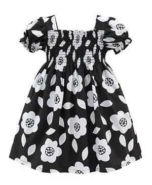 سابس - فستان بطبعة زهور متكاملة وتصميم مرن - أسود