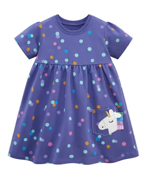 SAPS Polka Dots Print With Unicorn Patched Pocket Dress - Purple