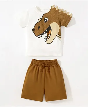 SAPS Dino Graphic T-shirt & Shorts Set - White & Brown